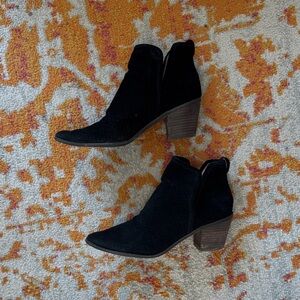 Lucky Brand Black Perforated Suede Stacked Heel Booties
